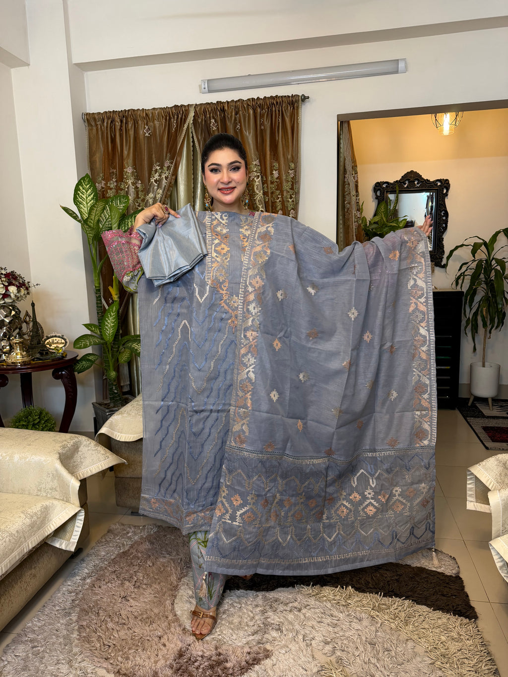 Blue-Grey Unstitched Jamdani