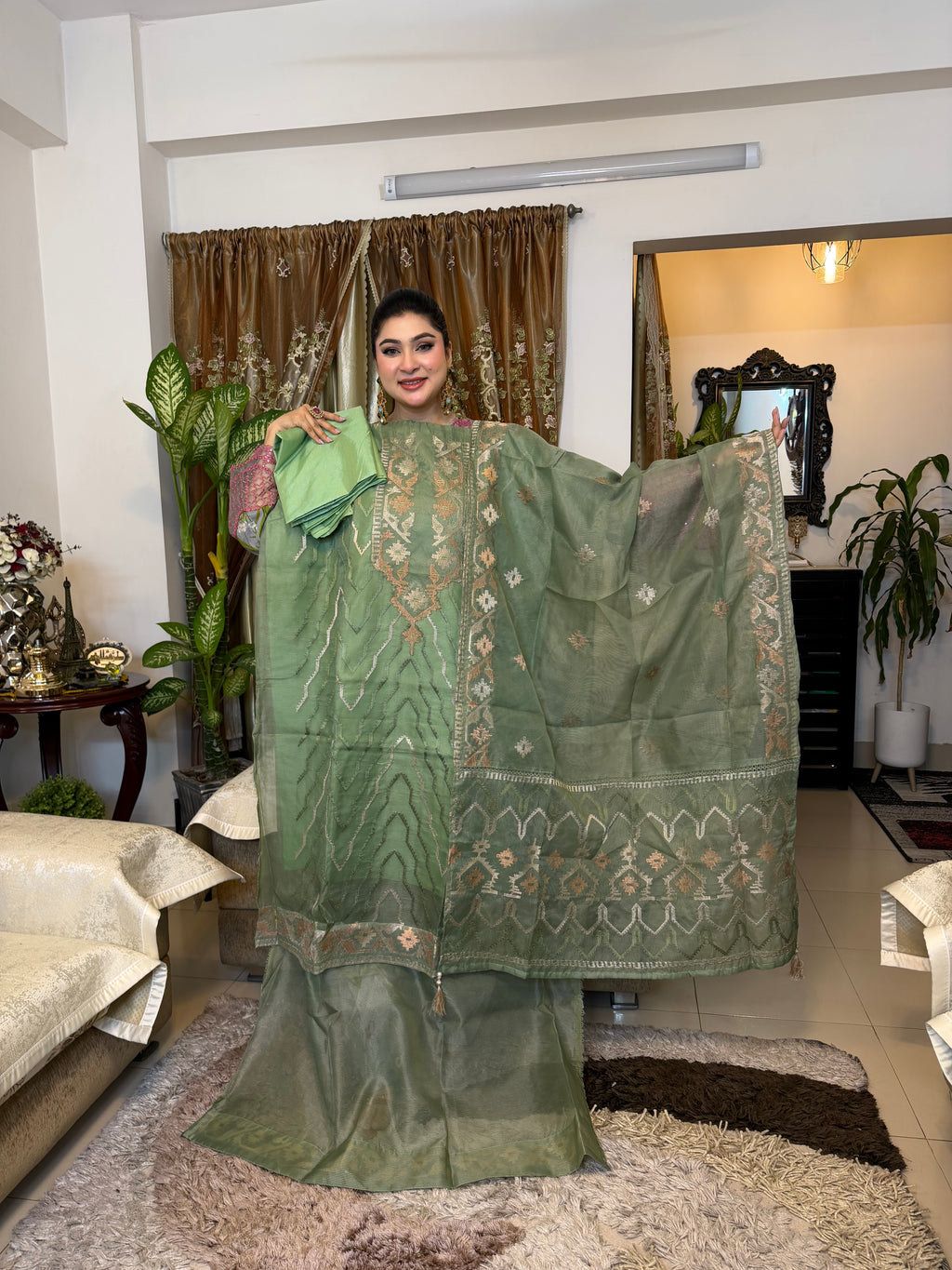 Mint Unstitched Jamdani