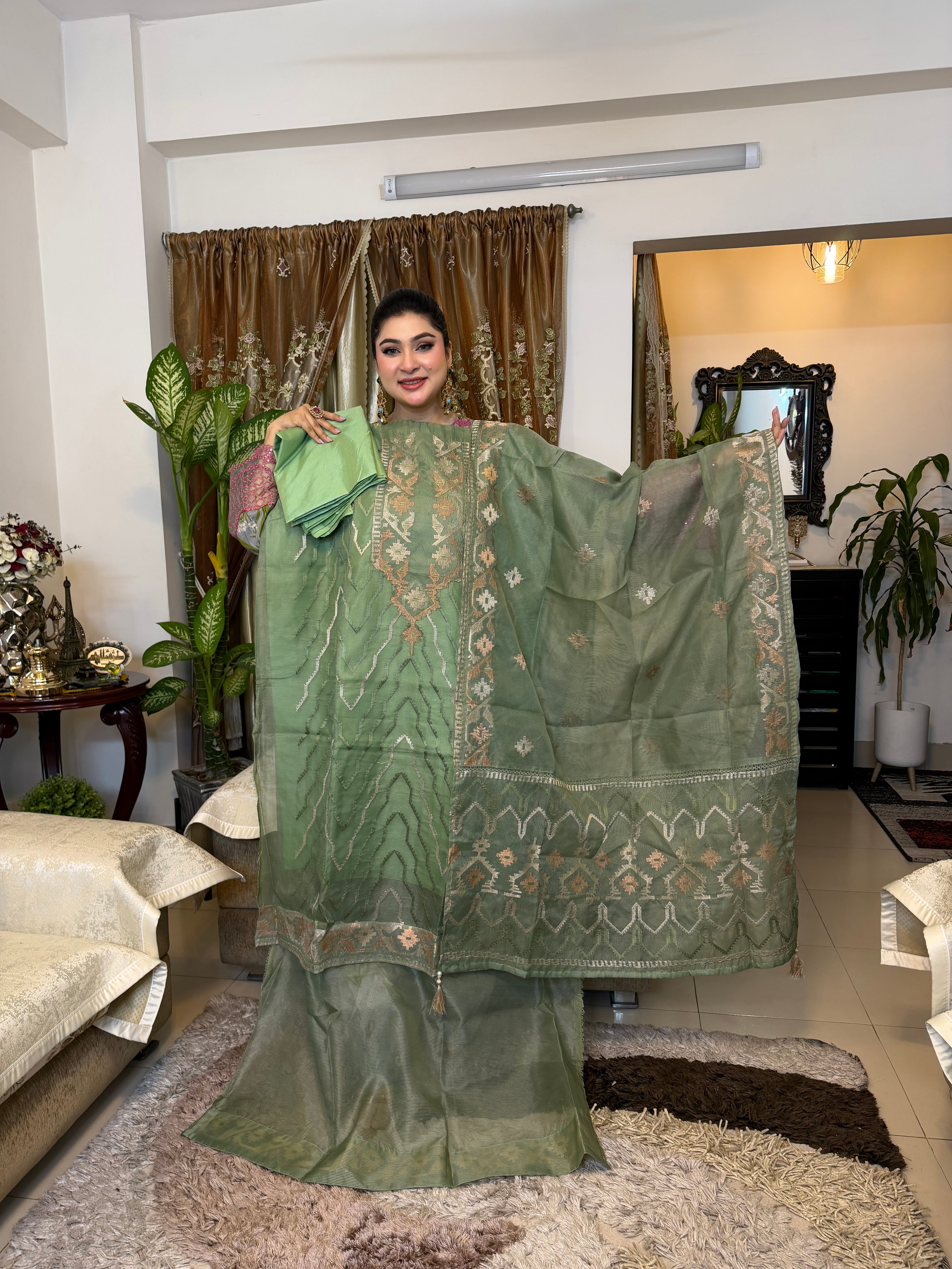 Mint Unstitched Jamdani