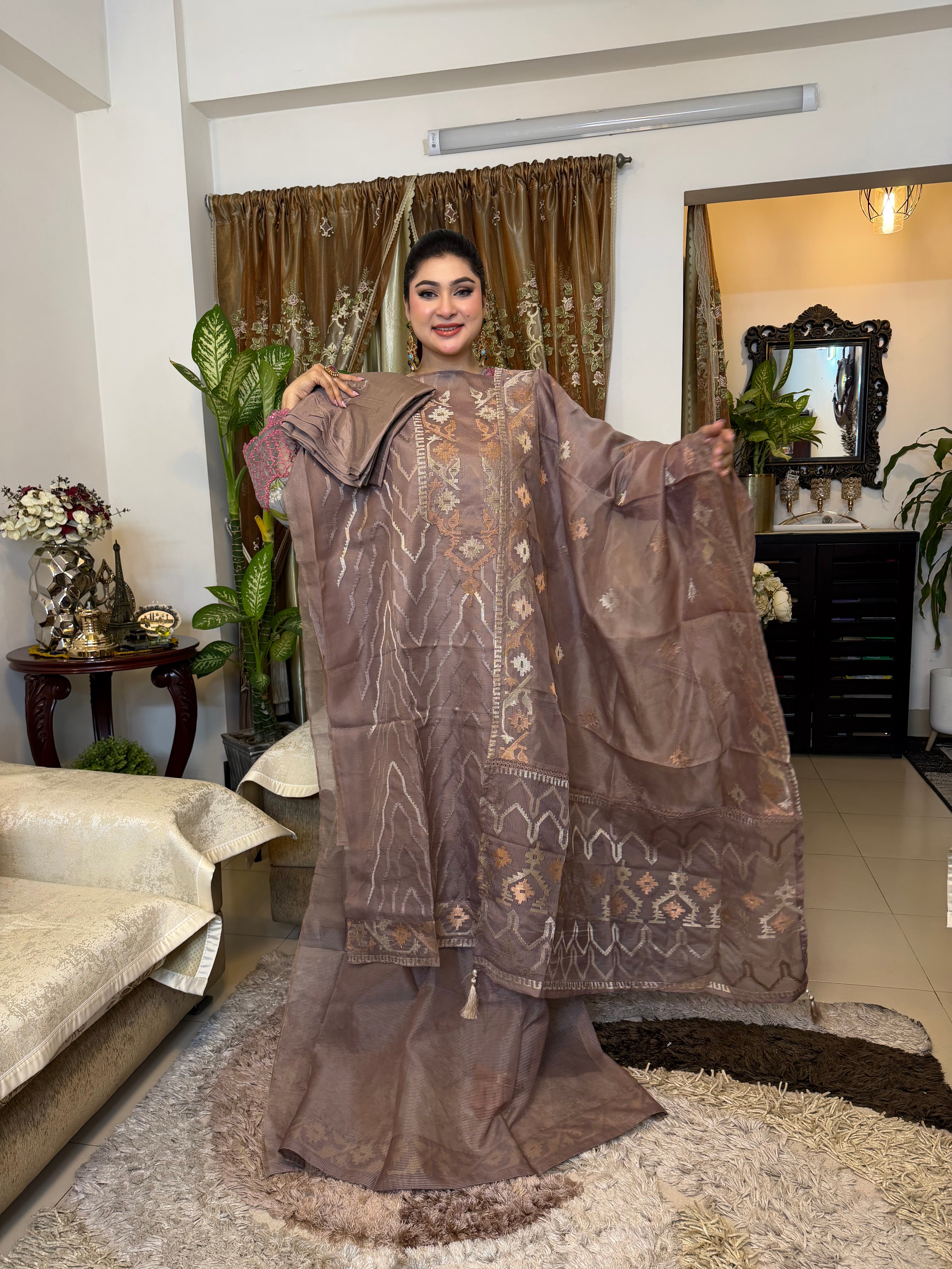 Light-Brown Unstitched Jamdani