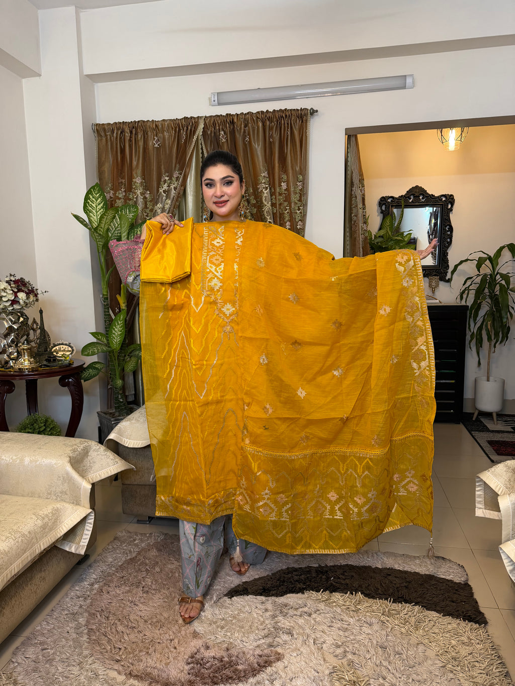 Orange-Yellow Unstitched Jamdani