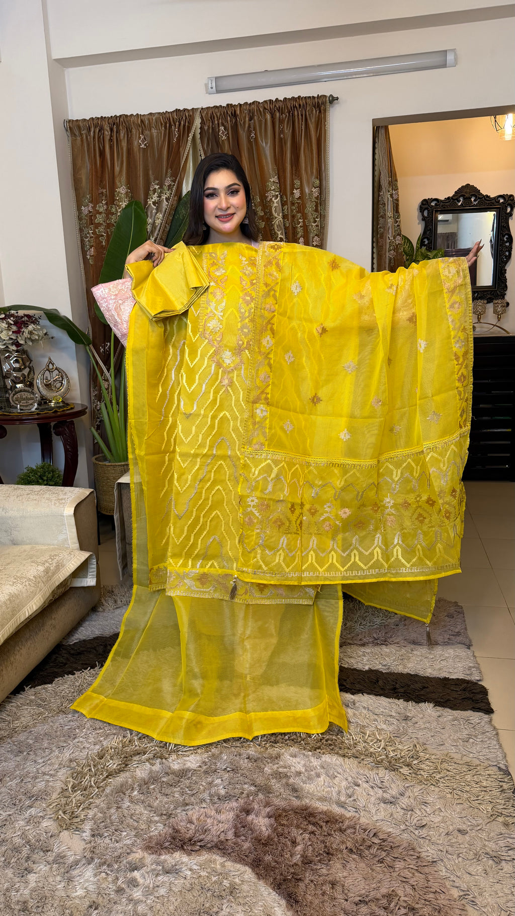 Yellow Unstitched Jamdani