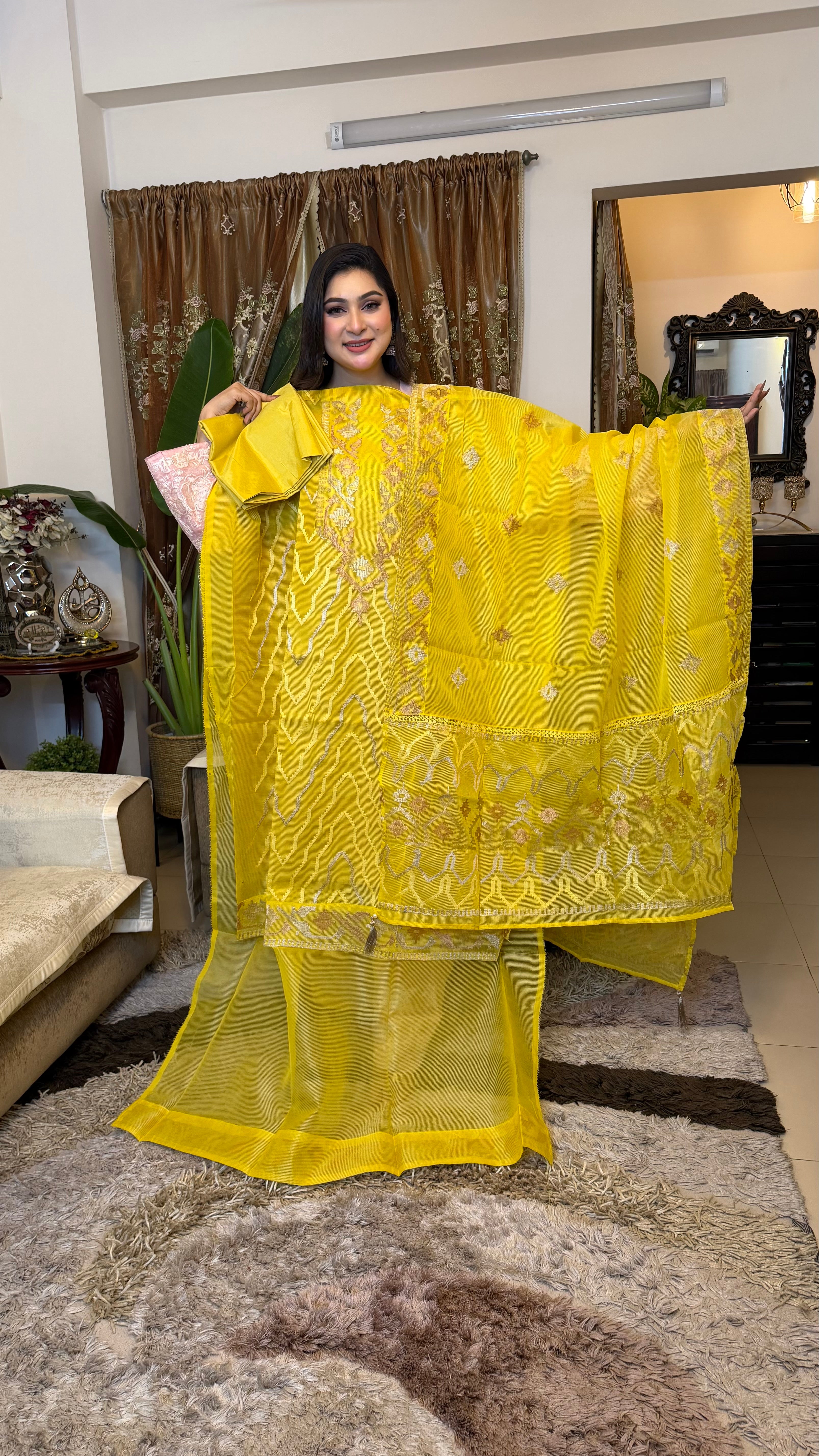 Yellow Unstitched Jamdani