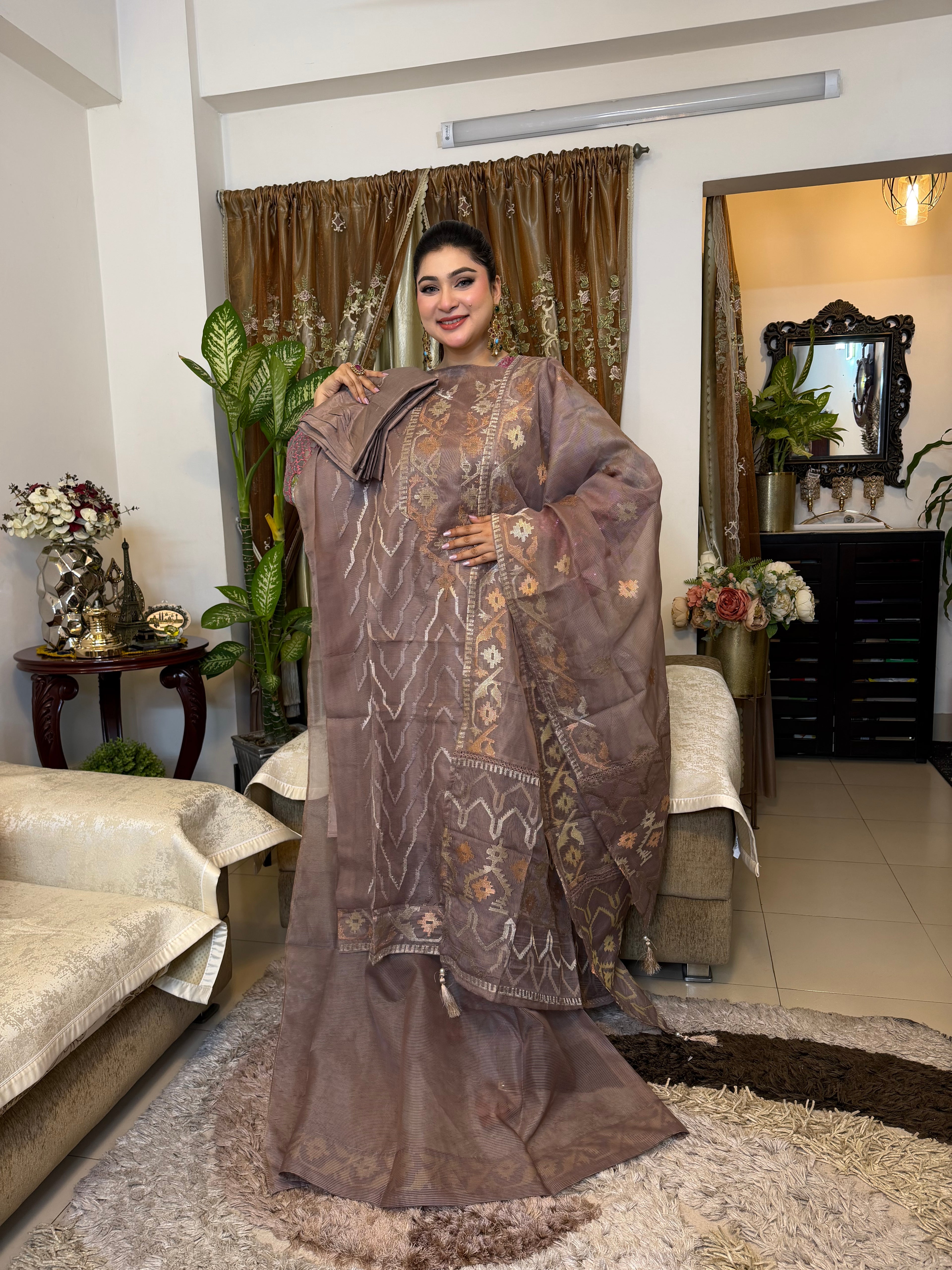 Light-Brown Unstitched Jamdani